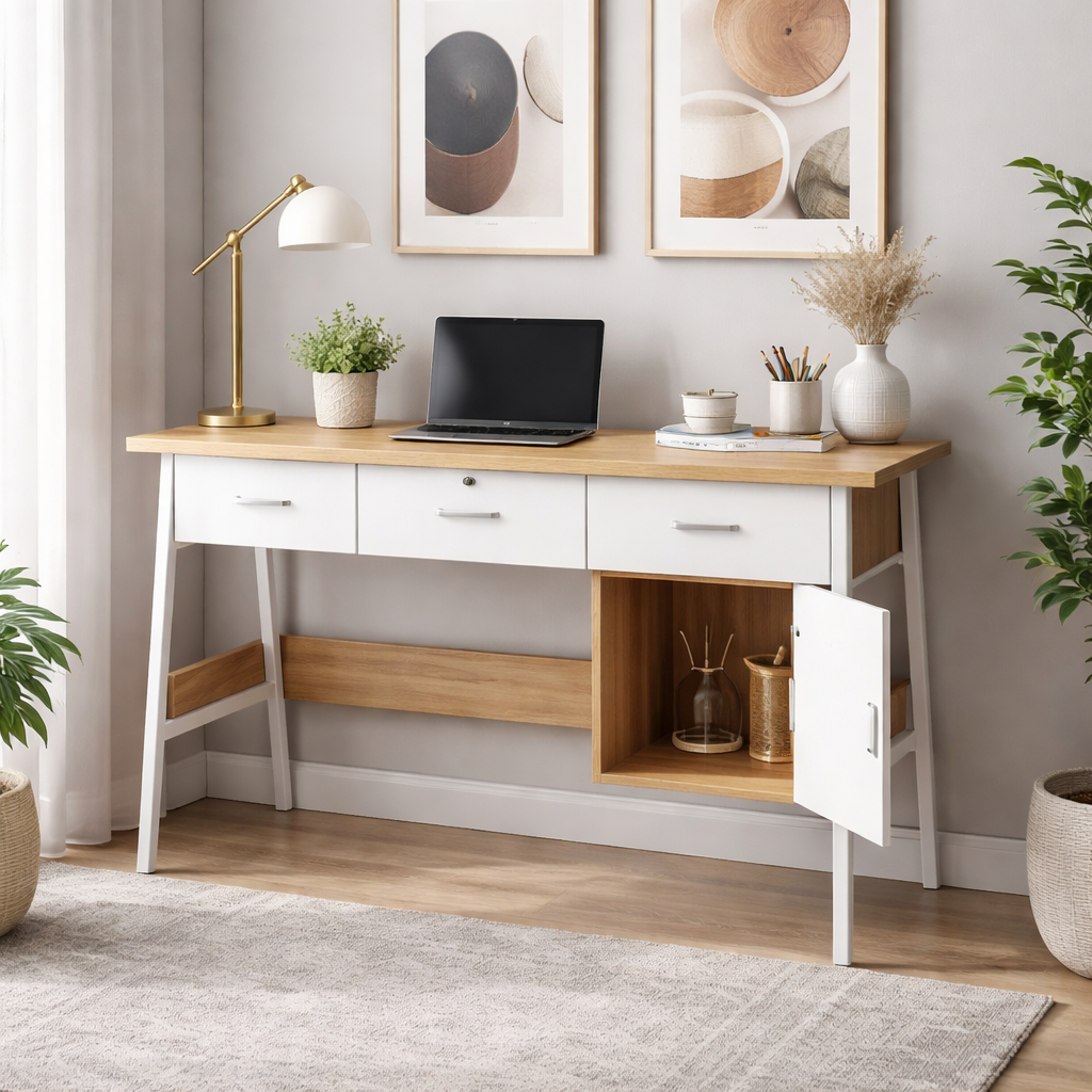 Modern White & Oak Desk With Drawers & Cabinet
