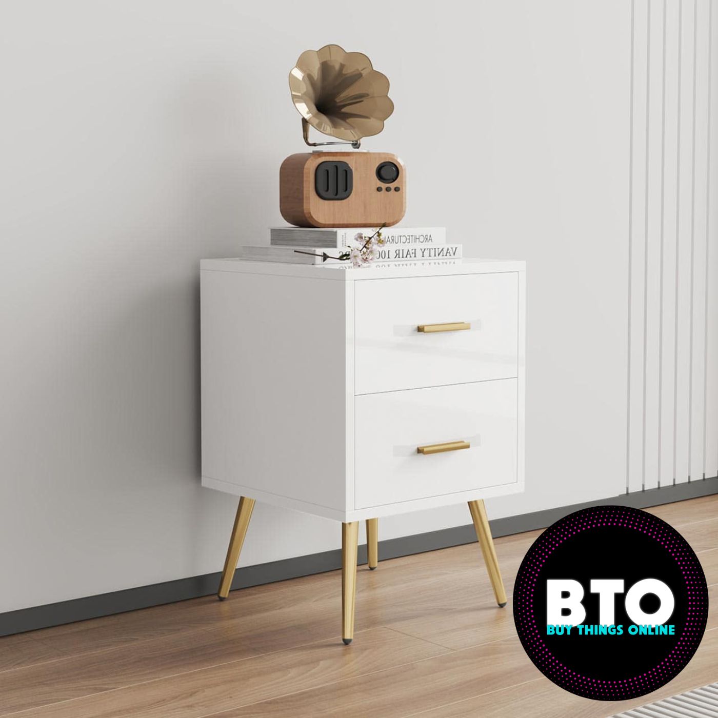 Luxury Night Stand Gloss White & Gold