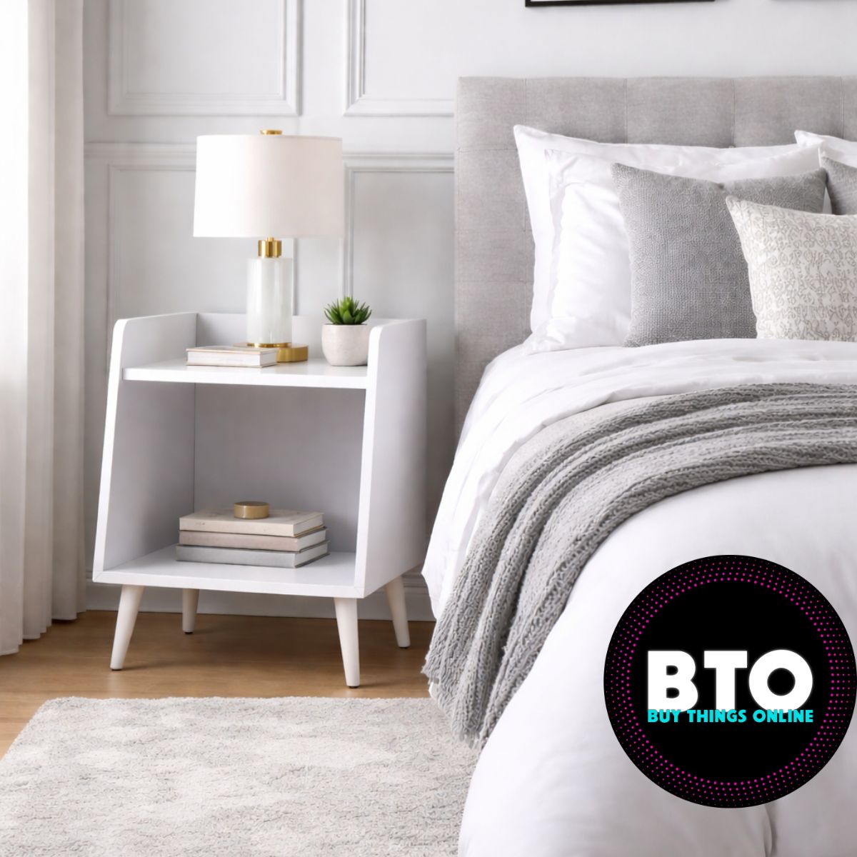 Modern White Night Stand WIth 2 Shelves