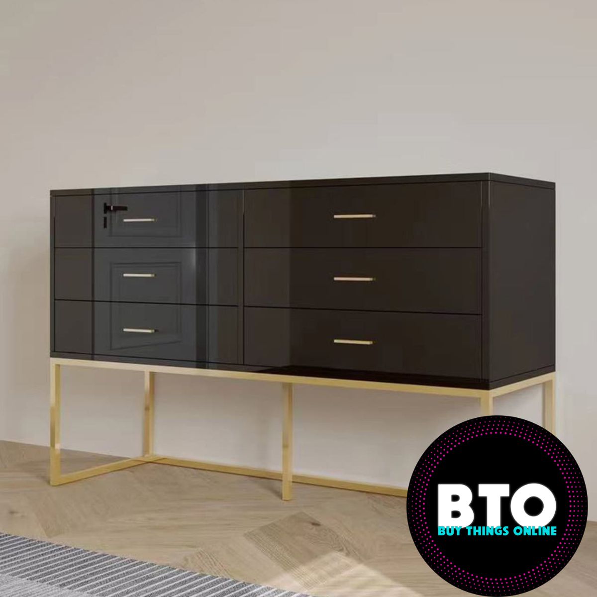 Black & Gold 6 Drawer Modern Dressing Table